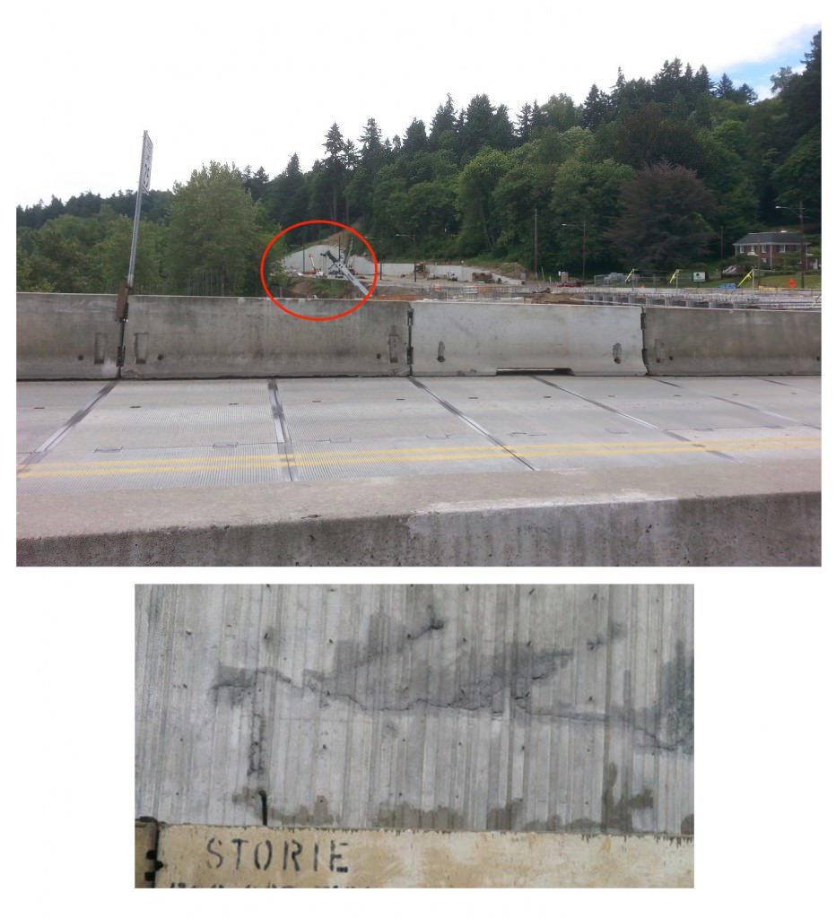 You may have heard a report from OPB that some of the concrete used in the bridge needed to be removed and replaced.  It could have been a large and scary error, but wasn’t.  The concrete in question was used far down the west bank retaining wall.  The top picture shows the area in question (in the red circle) and the bottom picture is a closeup of the concrete repair (in progress).  When it’s done, it will look as good as new.  Problem solved!
