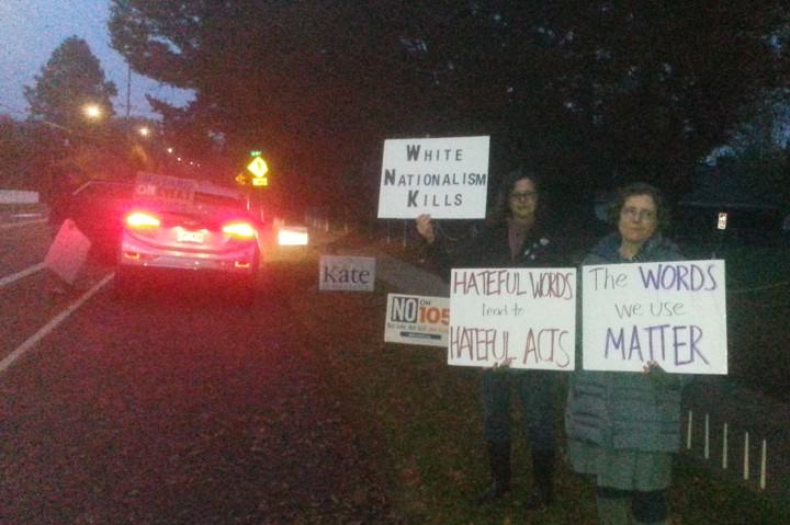 Amy K. and Robin D. Stand On Every Corner! Well, not every one, but at least this one on SE Steele in Portland.